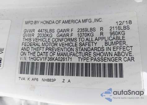 2019 Honda Accord Sport из США, поврежденный, VIN 1HGCV1F36KA026171